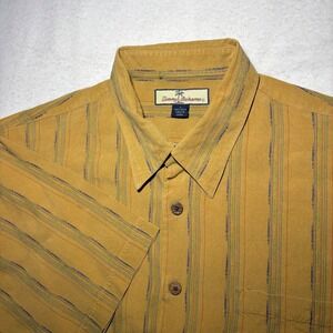 Tommy Bahama Mens Large 100% Silk Short Sleeve Button Down Shirt Mustard Stripe